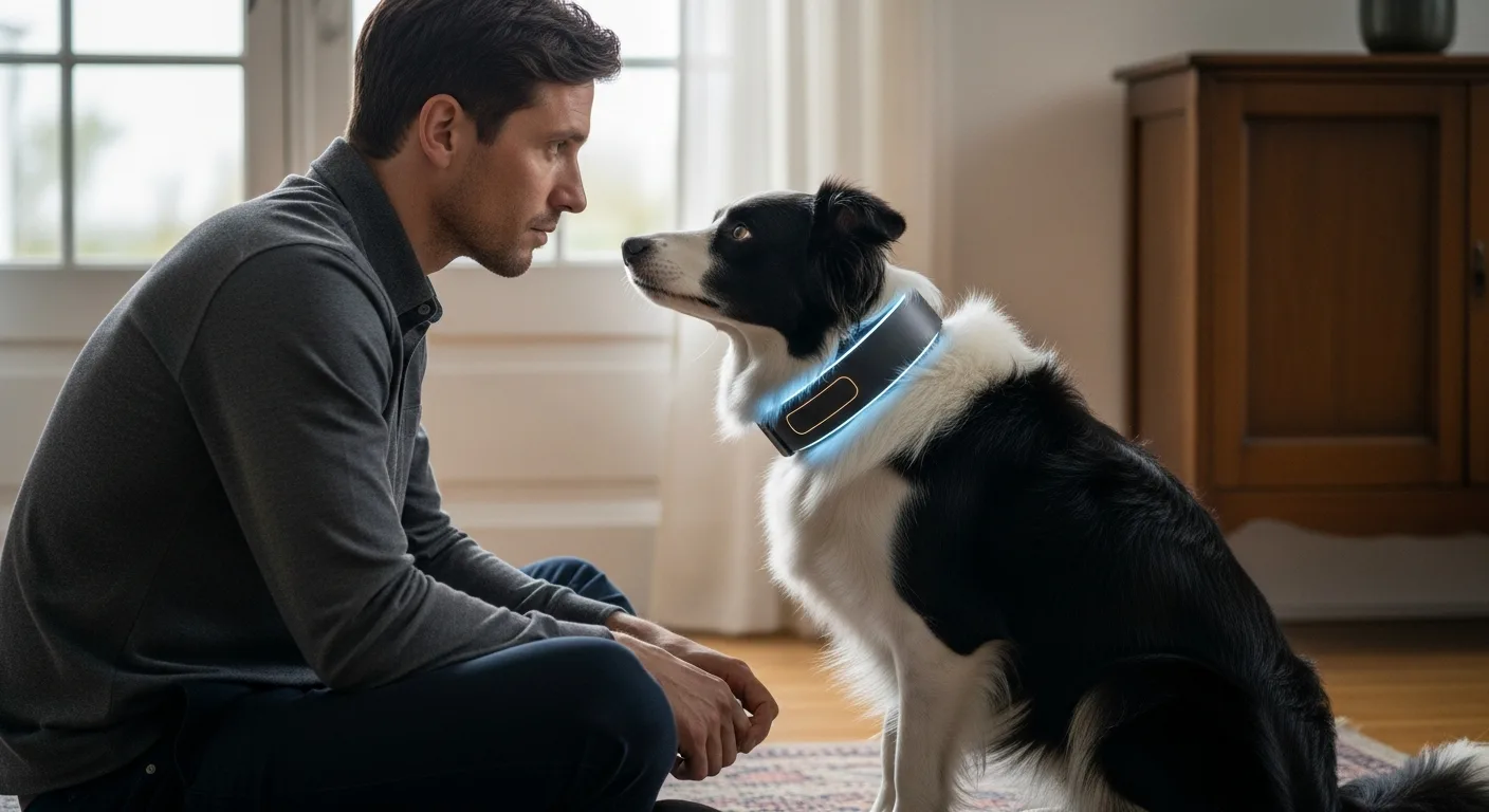 A modern dog wearing a smart collar integrated with artificial intelligence dogs monitoring technology in a home.