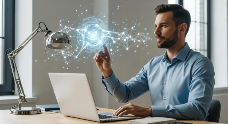 A man looking at a glowing digital brain icon, illustrating artificial intelligence made simple for beginners.