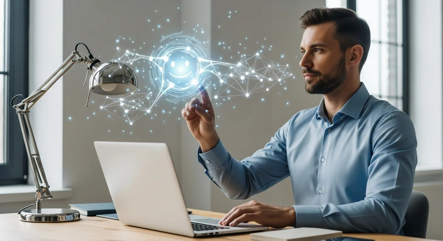 A man looking at a glowing digital brain icon, illustrating artificial intelligence made simple for beginners.