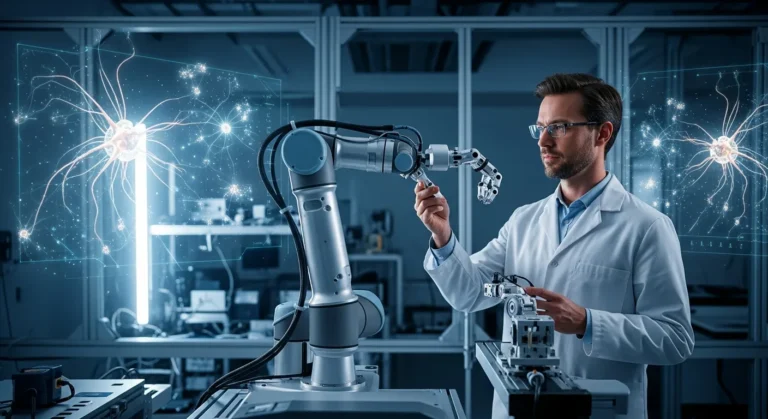 Advanced robotics and artificial intelligence MIT research in a modern high-tech laboratory setting.