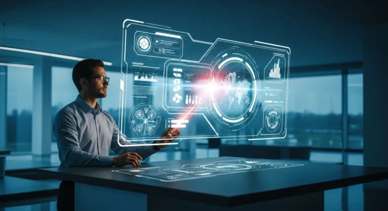 A man interacting with a futuristic hologram interface inspired by a classic artificial intelligence movie.