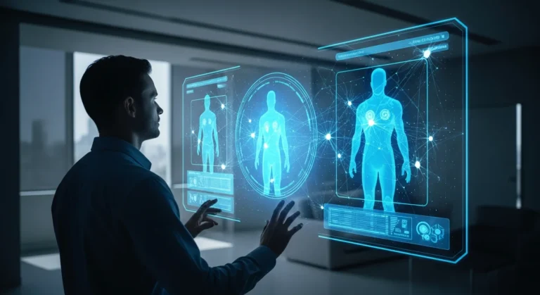 A man observing a futuristic holographic display inspired by iconic artificial intelligence movies.