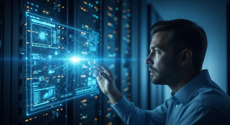 A man looking concerned at a complex digital network, illustrating why is artificial intelligence scary in 2026.