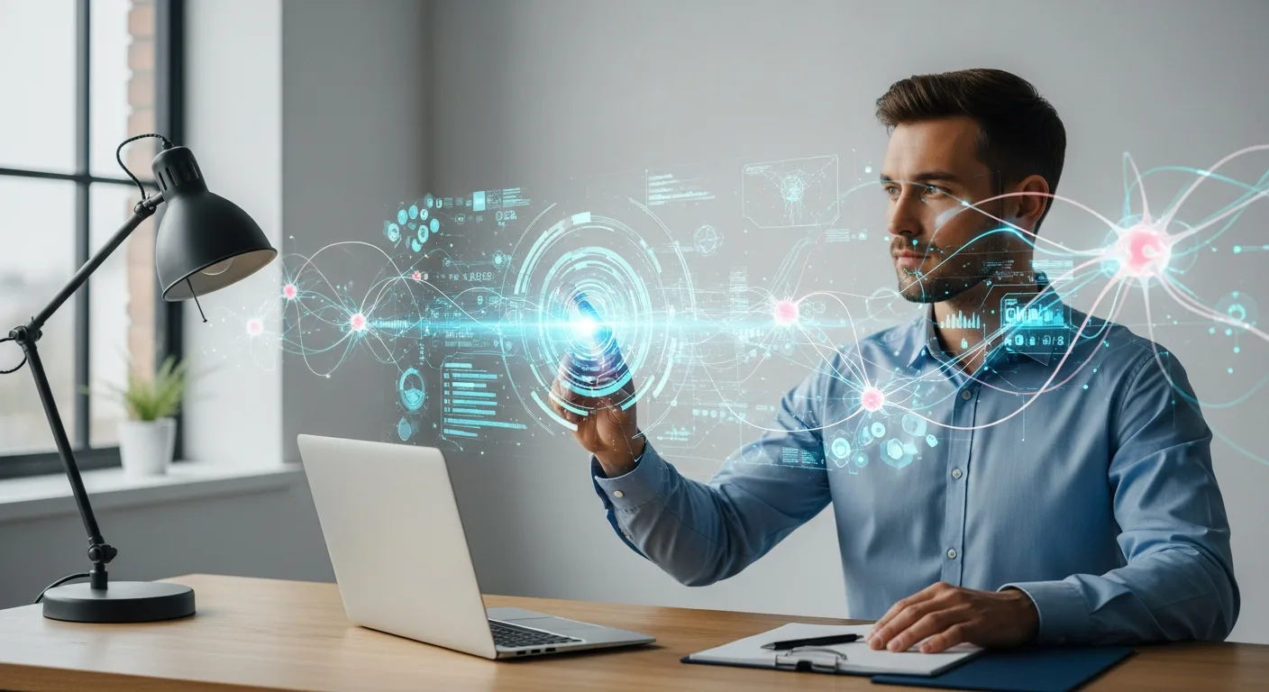A man interacting with a complex holographic data interface representing the artificial intelligence scene in 2026.