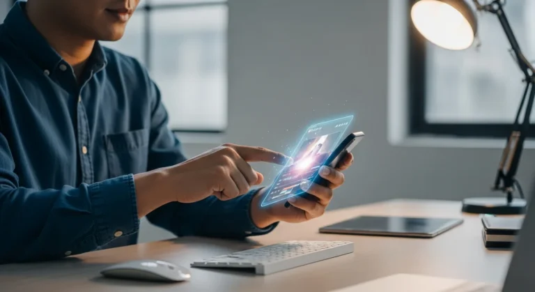 Man editing content using artificial intelligence short video tools on a modern smartphone for social media growth.