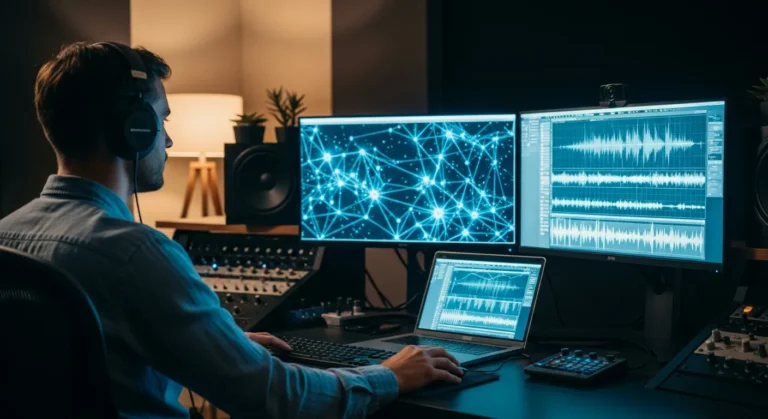 A man in a studio mixing an artificial intelligence song on a computer with vibrant digital audio waves.