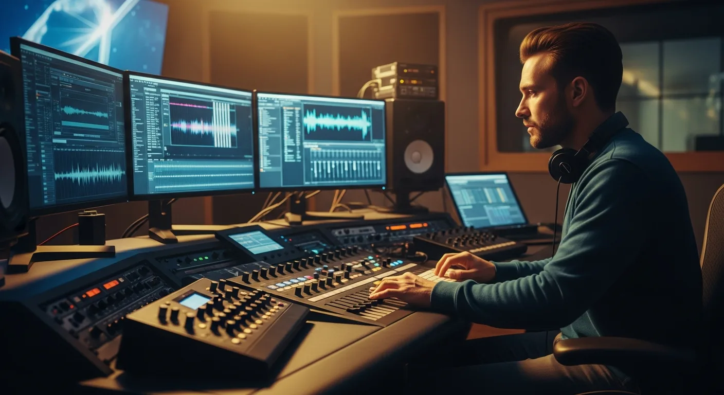 A man in a professional studio working with an artificial intelligence soundtrack on digital screens.