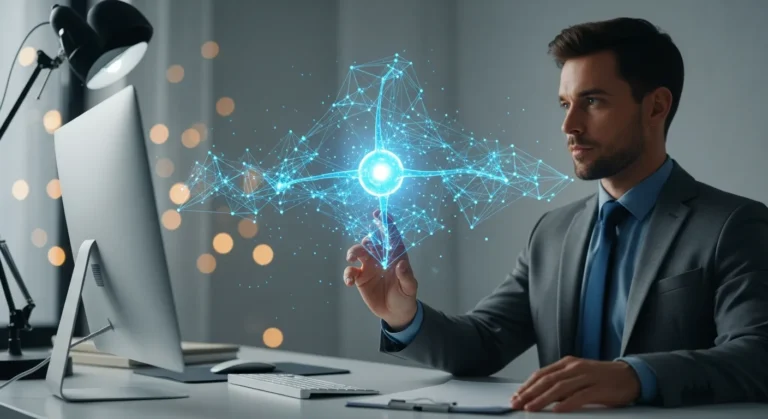 Professional artificial intelligence stock footage depicting a man interacting with a holographic interface.