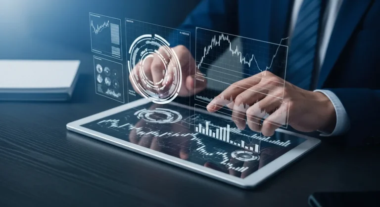 A businessman reviewing growth charts for artificial intelligence stocks on a futuristic digital display.