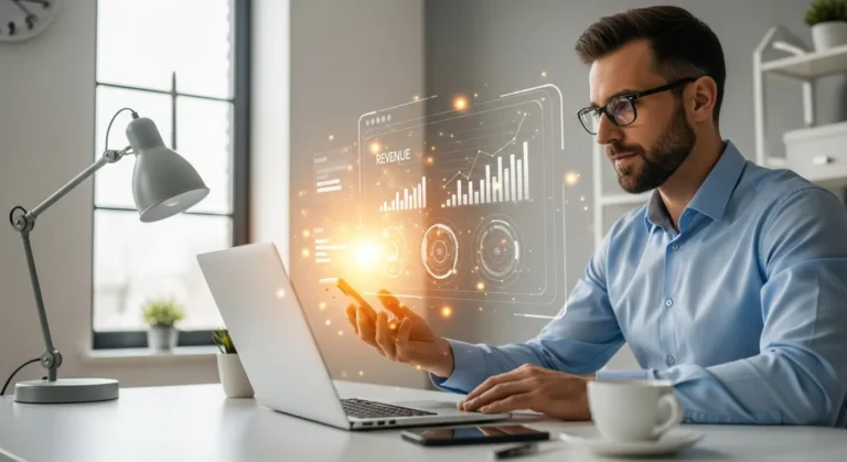 A professional analyzing growth metrics using the best AI platforms for small business marketing to increase revenue.