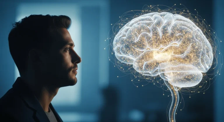 A futuristic visual exploring can artificial intelligence become self aware through a glowing neural network brain.