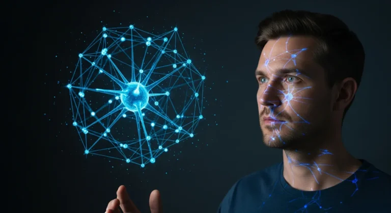 A man observing a glowing holographic brain to explore if can artificial intelligence become sentient.