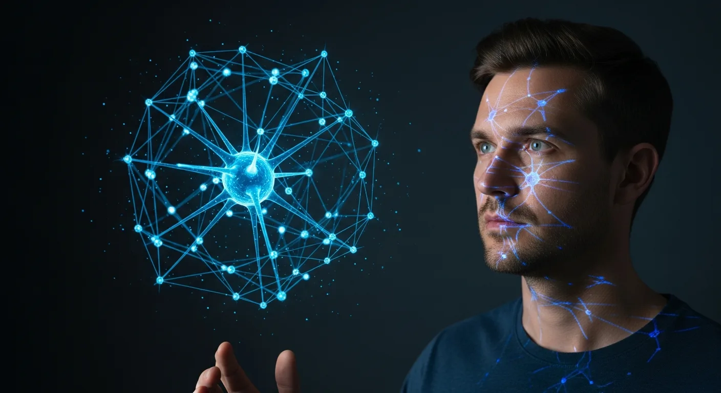 A man observing a glowing holographic brain to explore if can artificial intelligence become sentient.