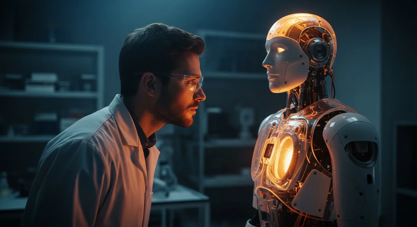A contemplative man looking at a glowing robotic core, exploring if can artificial intelligence feel emotions.