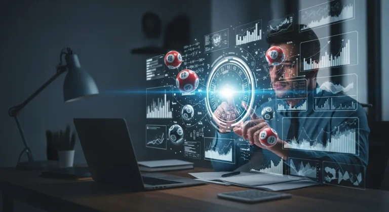 Digital interface with algorithms and lottery balls showing can artificial intelligence predict lottery numbers.