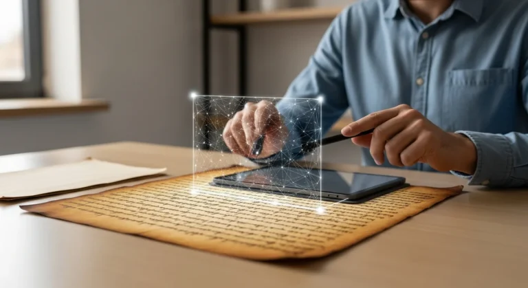 A high-tech digital scanner analyzing handwritten script to show how can artificial intelligence read cursive.