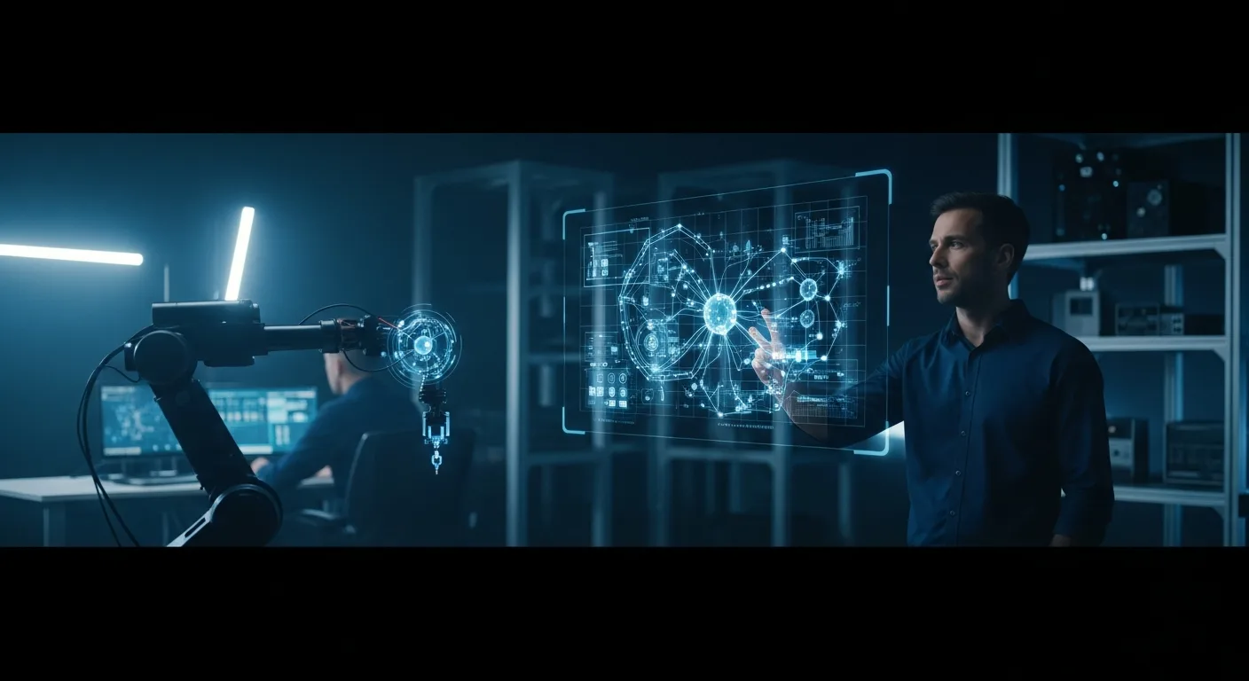 A visual representation of the debate: can artificial intelligence take over the world featuring a robot and human hand.