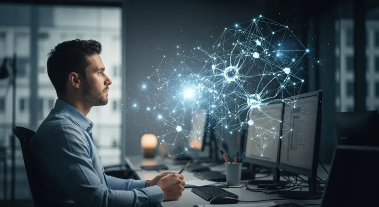 A man looking at a glowing digital brain as he wonders can artificial intelligence think in 2026.