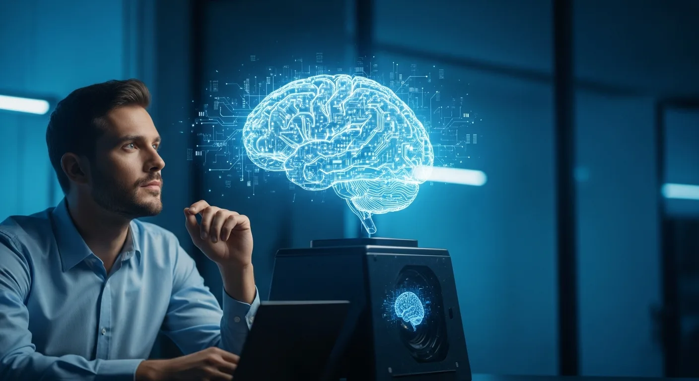A man examining a glowing digital neural network to see if can artificial intelligence think for itself.