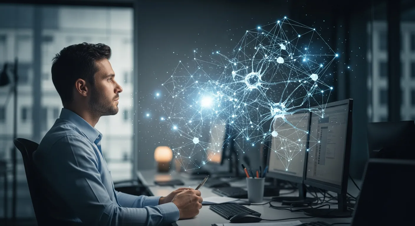 A man looking at a glowing digital brain as he wonders can artificial intelligence think in 2026.
