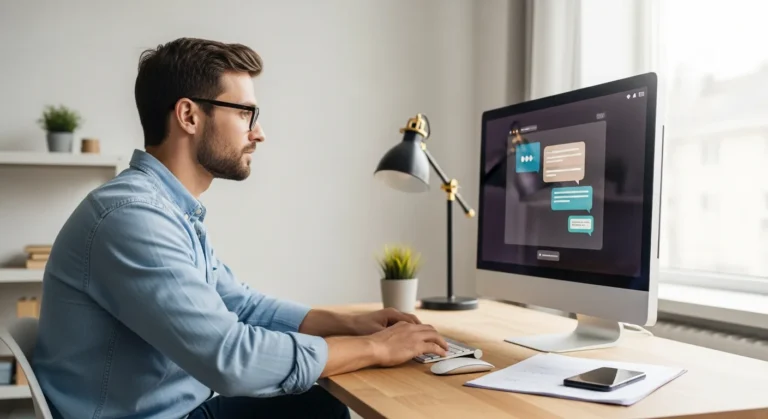 A professional man researching how to explore AI chatbot solutions for small businesses on his laptop.