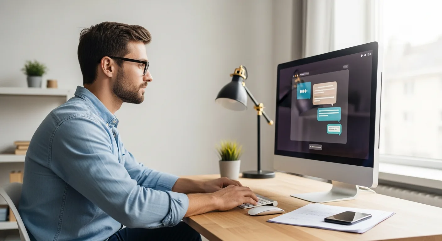 A professional man researching how to explore AI chatbot solutions for small businesses on his laptop.