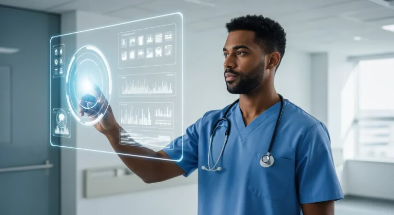 Male nurse using a smart medical tablet, demonstrating how artificial intelligence is changing nursing in 2026.
