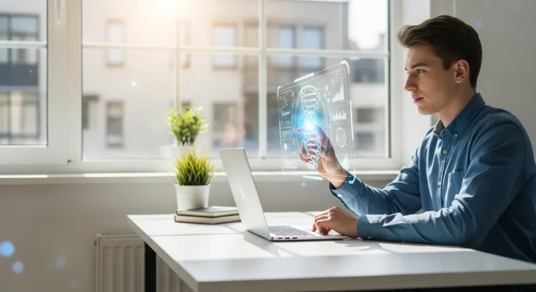 A modern digital classroom illustrating how artificial intelligence is transforming education for students in 2026.