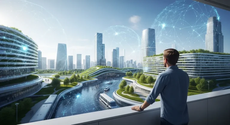 A man interacting with a futuristic holographic city display showing how artificial intelligence will change the world.