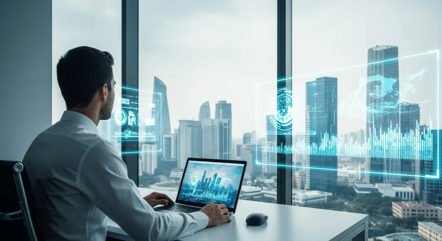 A man interacting with a futuristic holographic city display showing how artificial intelligence will change the world.
