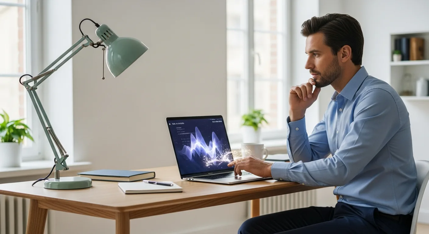 A beginner's guide on how do I start to use AI featuring a man interacting with a modern laptop.