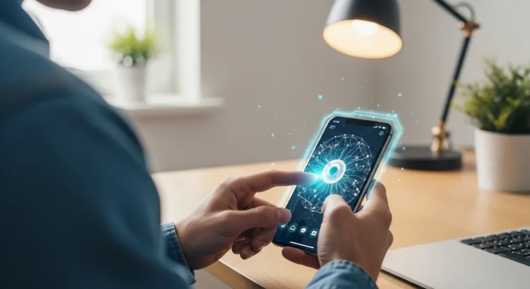 A man exploring how do I use AI in my phone with a modern device featuring a futuristic smart interface.