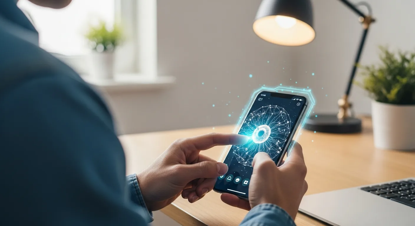 A man exploring how do I use AI in my phone with a modern device featuring a futuristic smart interface.