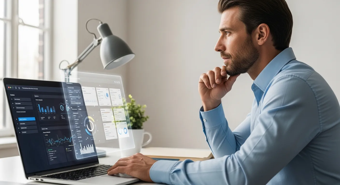 A professional learning how to choose an AI-powered virtual assistant for work on his laptop.
