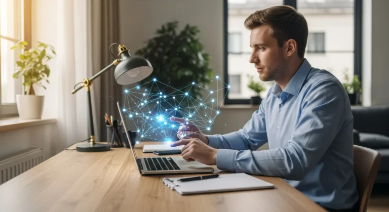 A practical 2026 roadmap guide on how to start AI as a beginner using a laptop and neural network graphics.