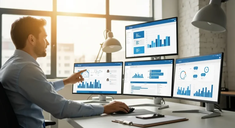 A professional comparing top AI tools for automating customer service on a futuristic digital dashboard.