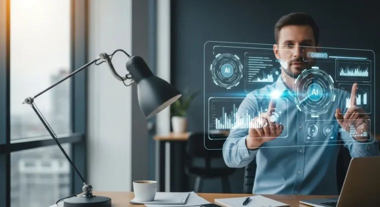 A man using a holographic interface to demonstrate what artificial intelligence can do in 2026.
