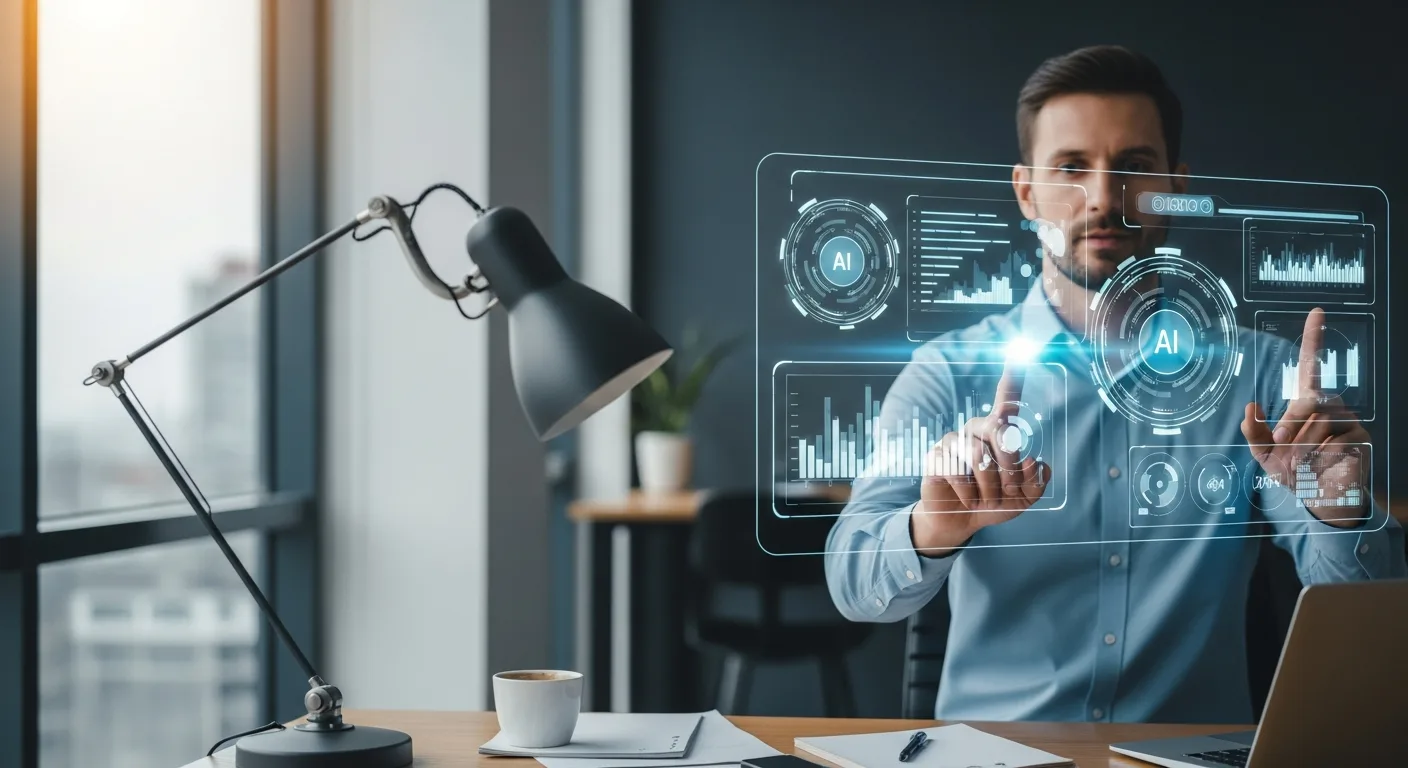 A man using a holographic interface to demonstrate what artificial intelligence can do in 2026.