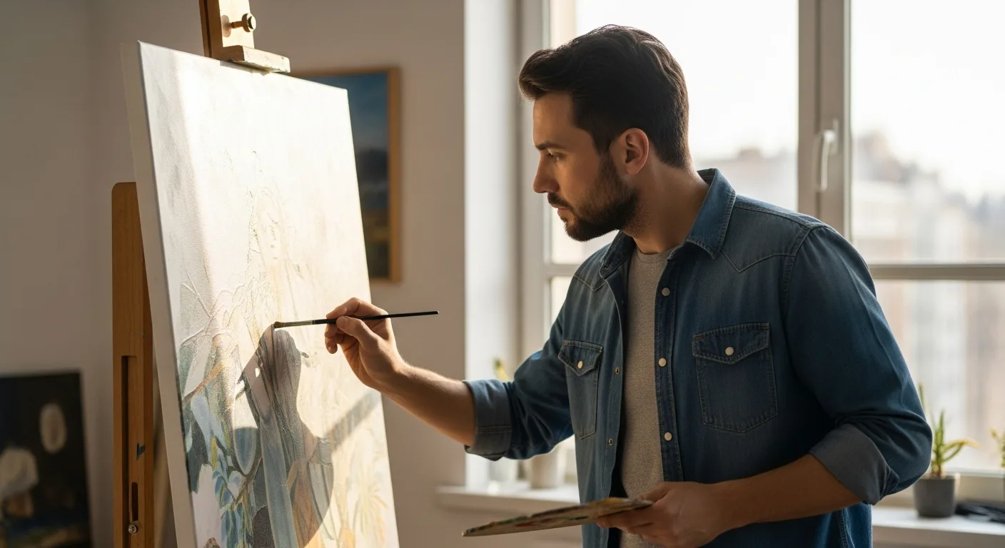 A man painting a complex landscape to illustrate what artificial intelligence cannot do regarding true human creativity.