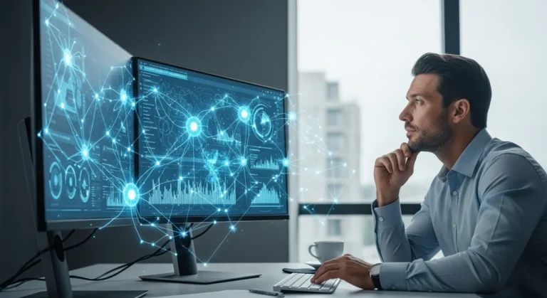 A professional man deciding what artificial intelligence course to enroll in for 2026 while at his desk.