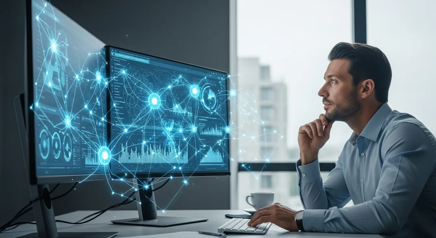 A professional man deciding what artificial intelligence course to enroll in for 2026 while at his desk.