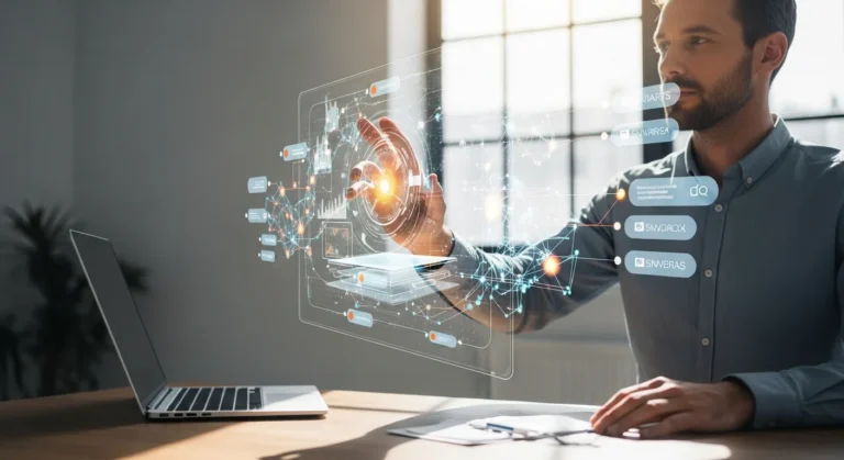 A professional man using a holographic interface to illustrate what artificial intelligence do in 2026.