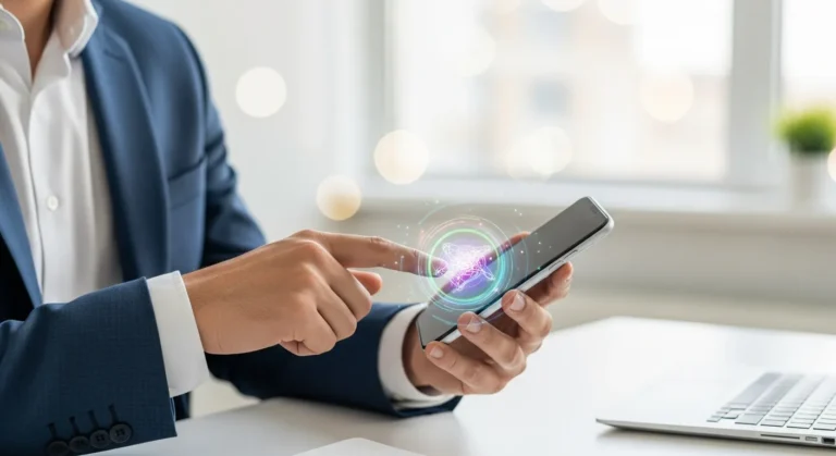 A man using a futuristic smartphone to demonstrate what artificial intelligence does apple use for its 2026 features.