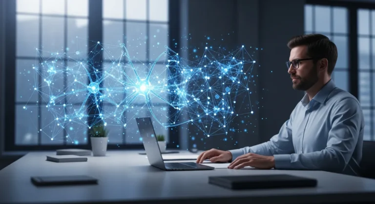 A clear visual explanation of what artificial intelligence is all about featuring a glowing digital neural network.