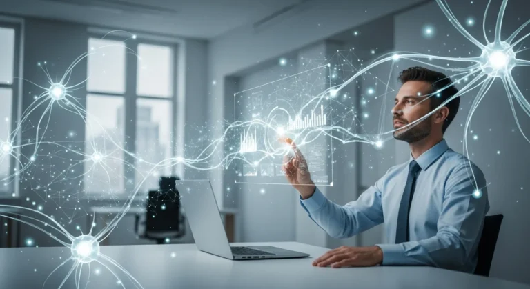 A man interacting with a futuristic digital interface to understand what artificial intelligence means in 2026.