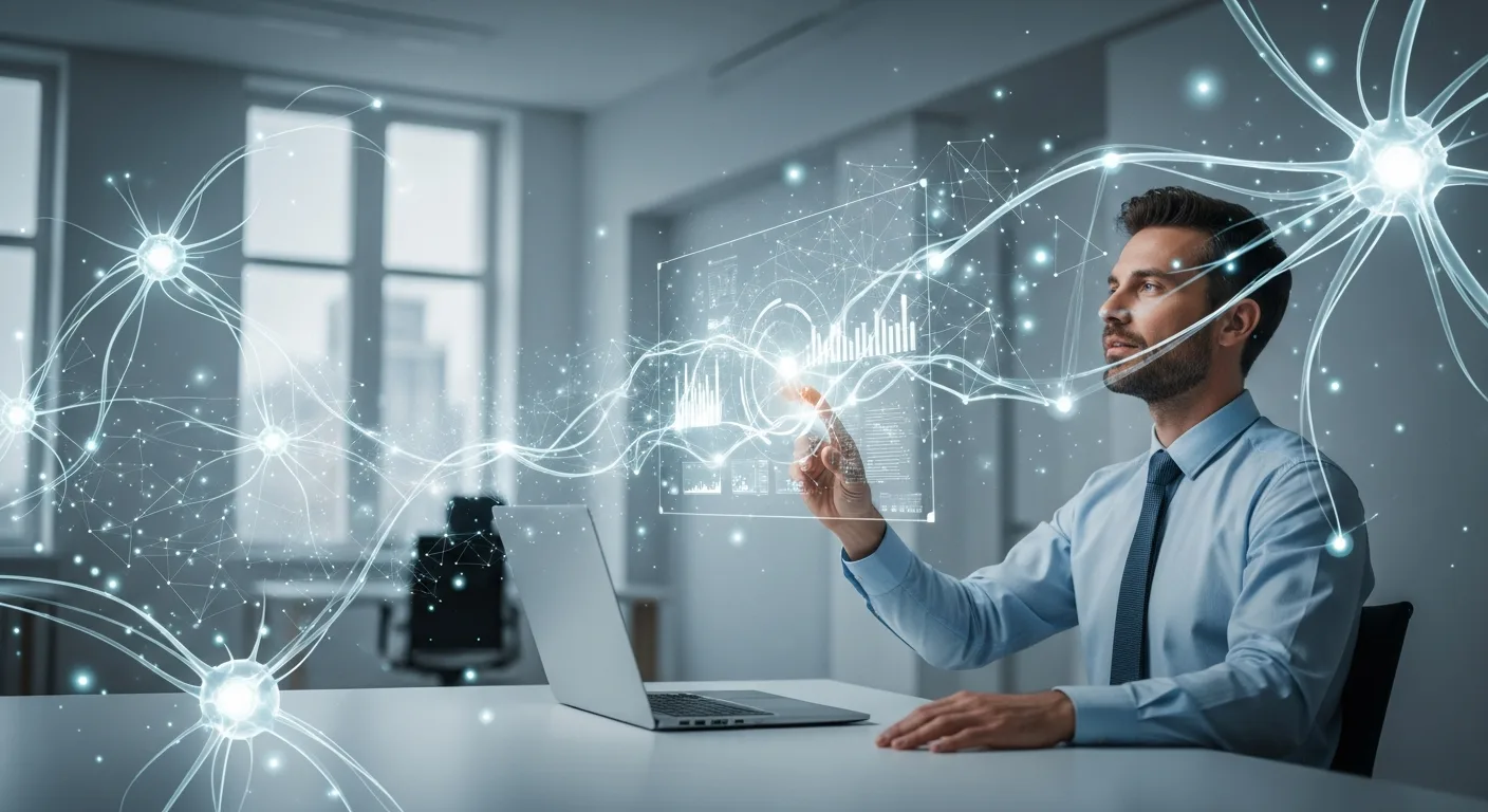 A man interacting with a futuristic digital interface to understand what artificial intelligence means in 2026.