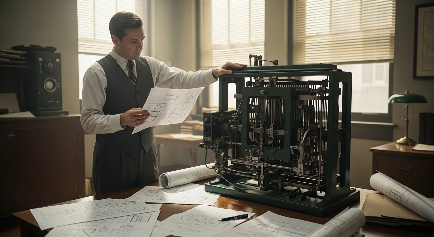 Vintage schematics and a robotic hand illustrating when artificial intelligence discovered its early historical roots.