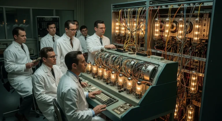 A vintage 1950s computer setup showing when artificial intelligence was created through early technological history.