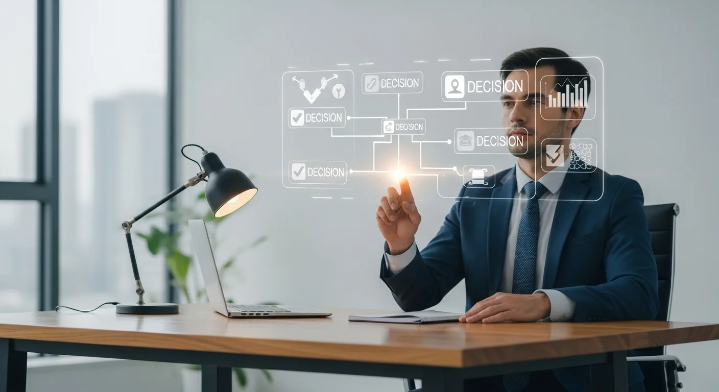 A professional analyzing a digital flowchart to decide when to use artificial intelligence for business efficiency.