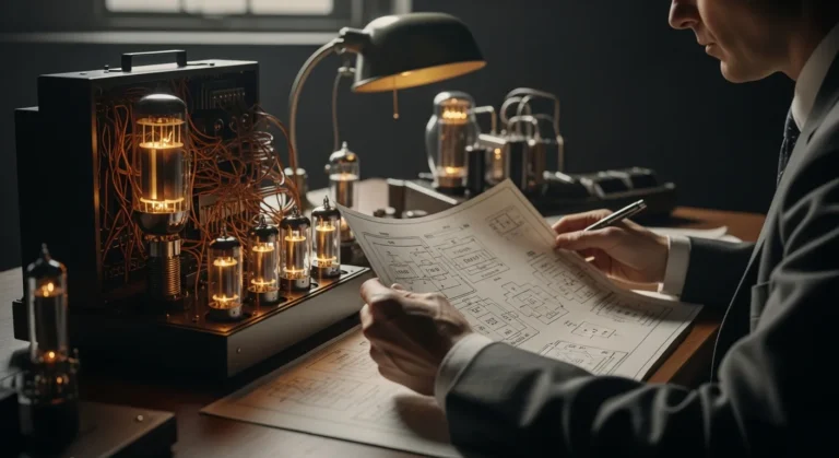 A vintage mechanical computer diagram exploring where did artificial intelligence start in the history of logic.